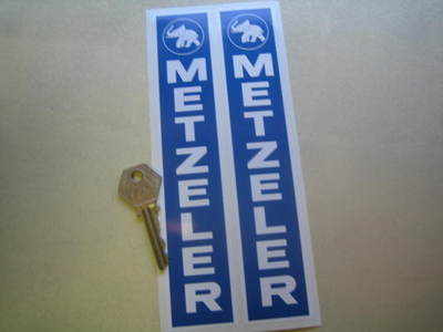 Metzeler Bike Tyres Blue & White Fork Slider Stickers. 7.75" Pair.