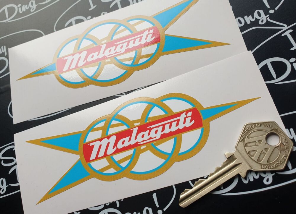 Malaguti Olympic 50cc Arrow style Fuel Tank Stickers. 6" Handed Pair.