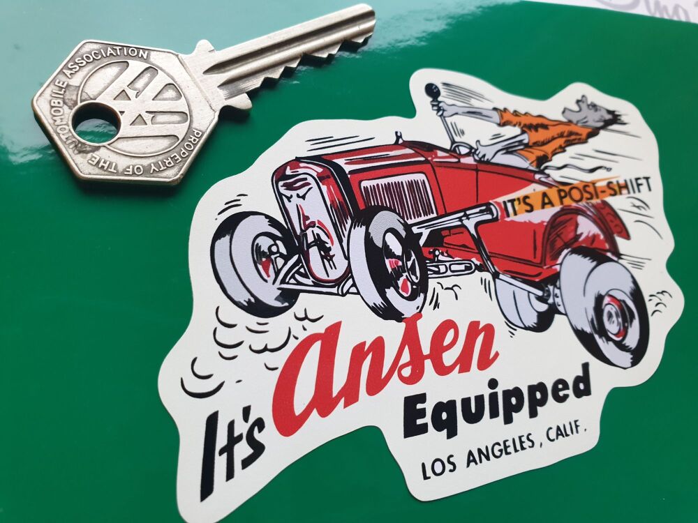 Ansen 'It's ANSEN Equipped' POSI SHIFT , Los Angeles California, shaped Hot Rod Sticker. 4".