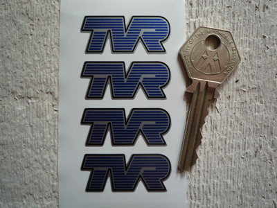 TVR Shaped Blue Striped Text Stickers. Set of 4. 40mm.