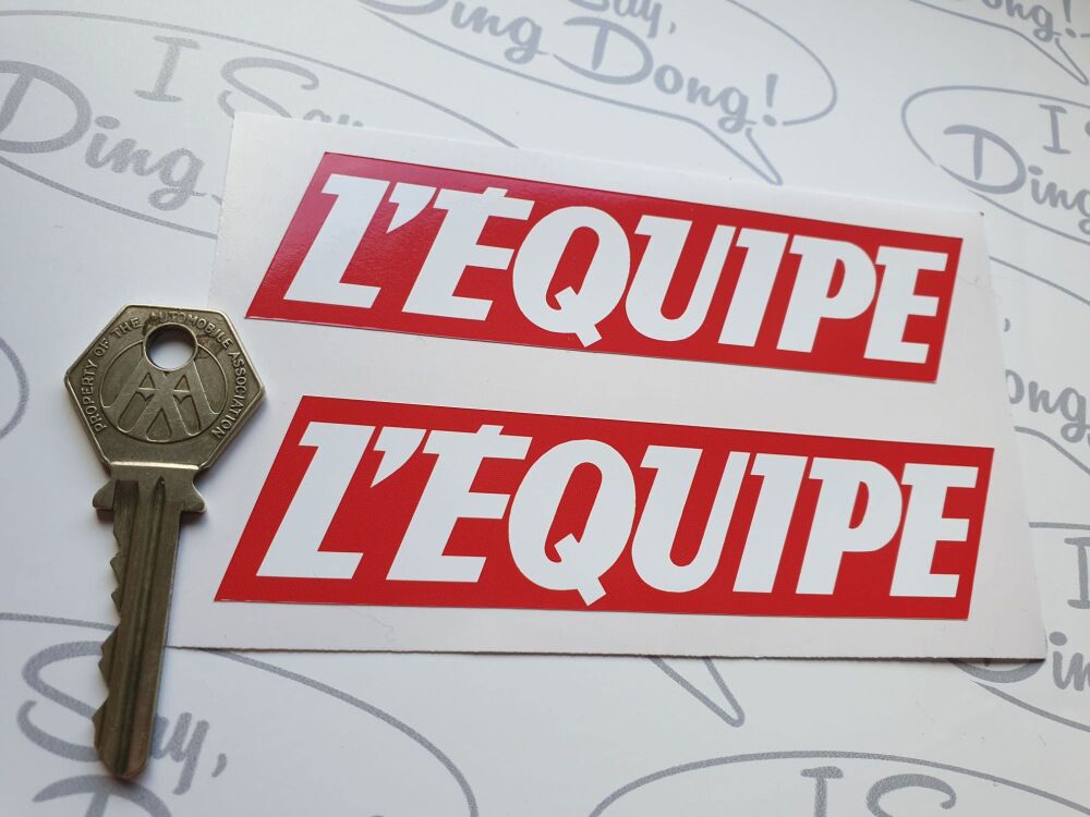 L'Equipe Red Text Sports Paper Sponsors Stickers.  4.5"/120mm  Pair.