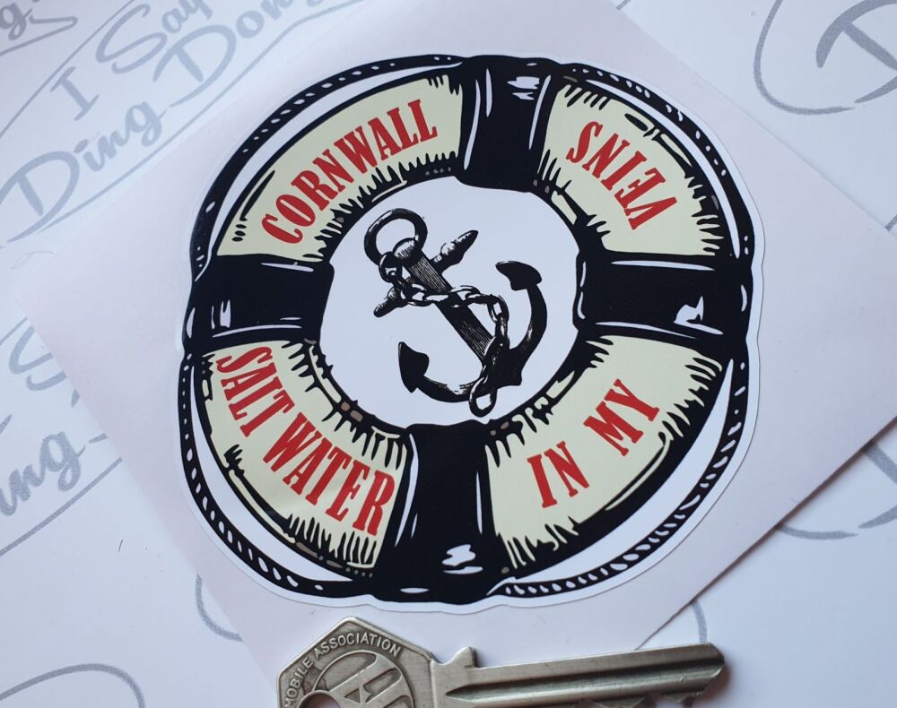 Cornwall 'Salt Water in my Veins'  Vintage Life Belt style Sticker - 4" 100mm
