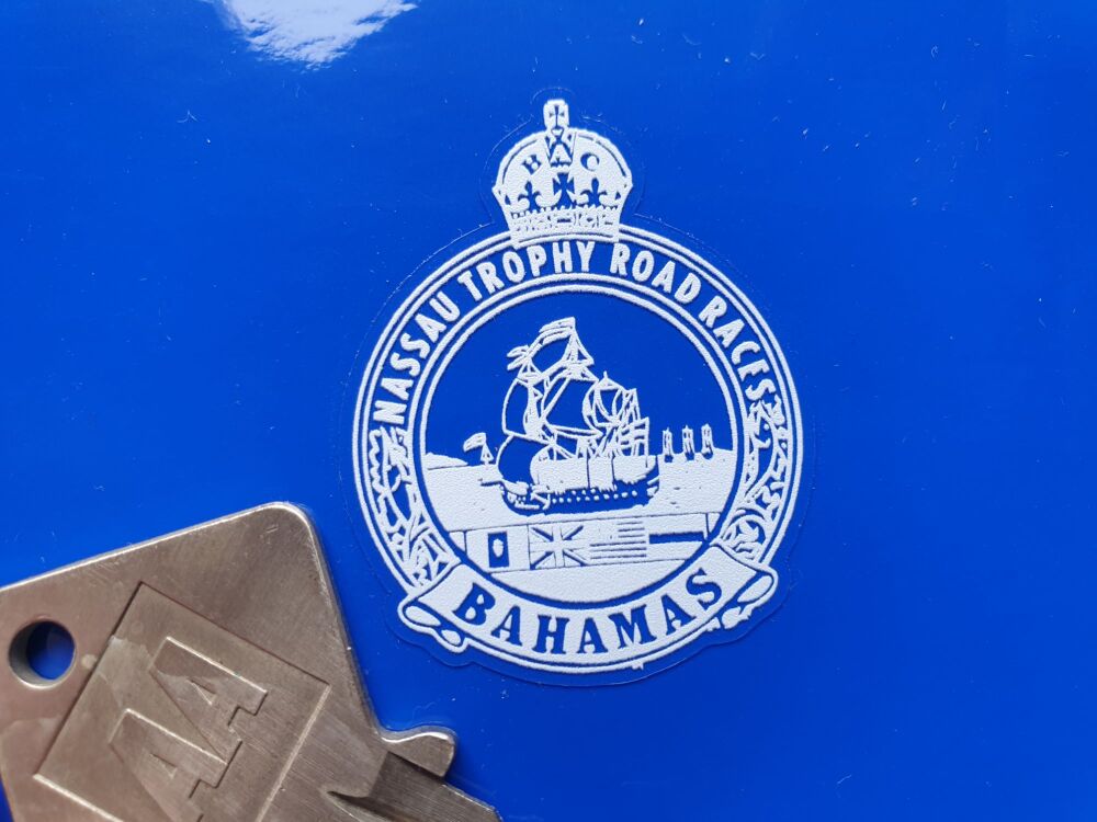 NASSAU, BAHAMAS TROPHY ROAD RACES Circuit Car sticker White or Black on Clear vinyl, Face stick or regular sticky back.