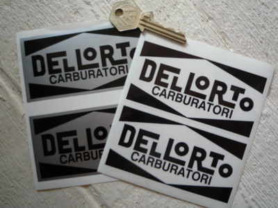 Dellorto Carburatori Black & Silver/Clear Stickers. 4" Pair.