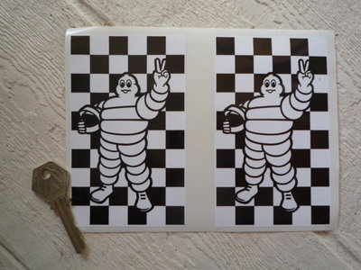 Michelin Bibendum & Chequered Background Stickers. 5" Pair.