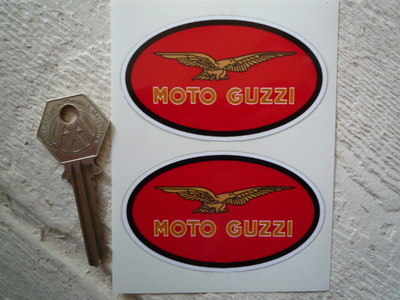 Moto Guzzi Red Ovals with Brown Text Stickers. 3" Pair.