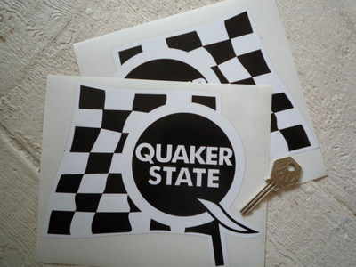 Quaker State Black & White 'Q' Chequered Flag Stickers. 7" Pair.