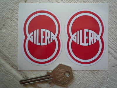Gilera. Red & White Shaped Stickers. 2" Pair.