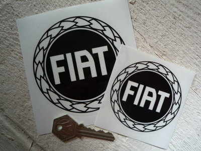 Fiat Black & Clear Round Stickers. 3" or 4" Pair.