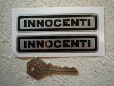 Innocenti Black on Silver Text Stickers. 3" or 4" Pair.