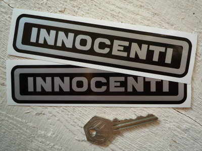 Innocenti Silver on Black. Text Stickers. 6" Pair.