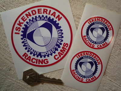 Iskenderian Racing Cams. Round Stickers. 2" or 4" Pair.
