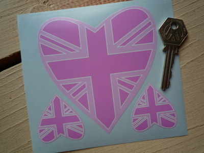Union Jack Pink Heart Shaped Stickers. Set of 3.