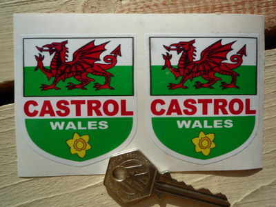 Welsh Dragon & Castrol Shield Stickers. 2" Pair.