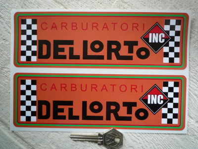 Dellorto Carburatori Inc Orange with Green Line Oblong Stickers. 8" Pair.