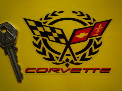 Corvette Crossed Flag & Garland Clear Sticker. 4".