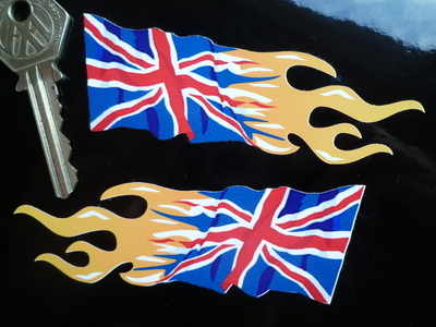 Union Jack Flaming Handed Stickers. 4", 6" or 8" Pair.