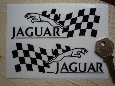 Jaguar Leaper & Chequered Flag Black & Clear Stickers. 5" Pair.