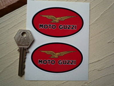 Moto Guzzi Red Ovals with Black Text Stickers. 3" or 4" Pair.