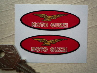 Moto Guzzi Thin Red Ovals with Brown Text Stickers. 2.25