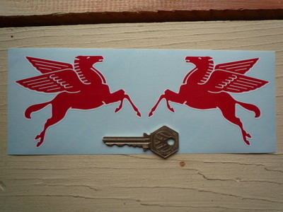 Mobil Later Pegasus Shaped Red & White Stickers. 2", 4", 6" or 8" Pair.