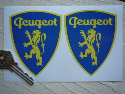 Peugeot Classic Lion in Shield Stickers. 3.5" Pair.