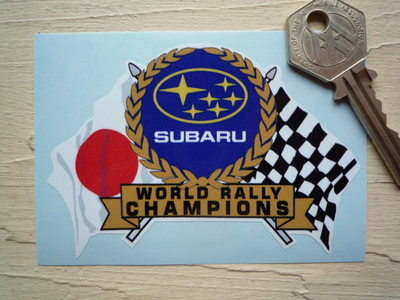 Subaru World Rally Champions Flag & Scroll Sticker. 3.75".