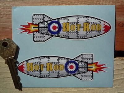 Hot Rod Shaped Rocket Yellow Text Stickers. 4.5" Pair.