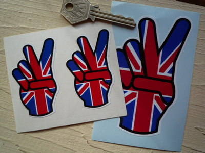 Union Jack Peace Fingers Stickers. 2" or 4" Pair.
