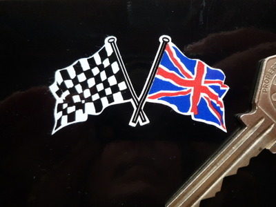 Union Jack & Crossed Chequered Flag Stickers. 2" Pair
