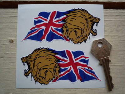 Growling Lion Head Union Jack Stickers. 4" Pair.
