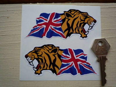 Growling Tiger Head Union Jack Stickers. 4" Pair.