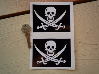 Skull & Cross Sabre Oblong Stickers. 4" Pair.