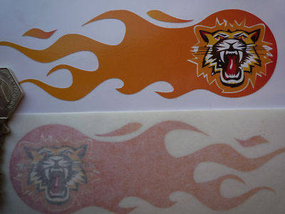 Growling Tiger Face Flaming Stickers. 5.75" Pair.