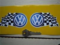 VW Volkswagen Blue Logo & Wavy Chequered Flags Stickers. 4" Pair.