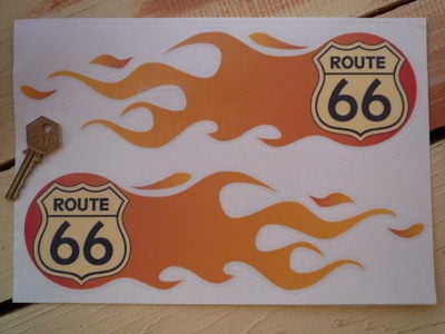 Route 66 Flames Stickers. 6" or 11" Pair.