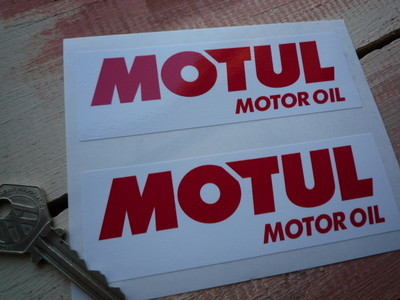 Motul Motor Oil Red On White Oblong Stickers. 5" Pair.