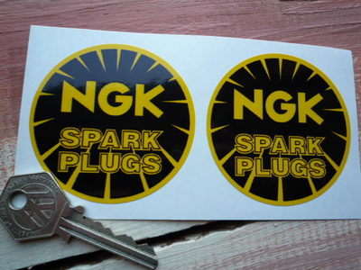 NGK Spark Plugs Black & Yellow Round Stickers. 2.5" Pair.