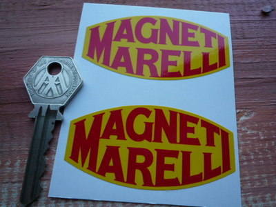 Magneti Marelli Old Serif Style Yellow & Red Stickers. 2.75" Pair,