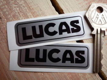 Lucas Motorcycle Battery Sticker. Black & Silver Pair. No.20.