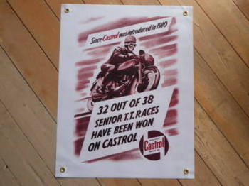 Castrol '32 Out Of 38 TT Winners' Art Banner. 19" x 25".