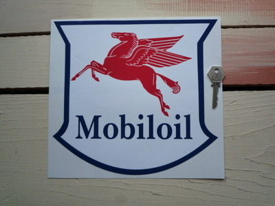 Mobil Mobiloil Navy, Red & White Serif Style Shield Sticker. 10".