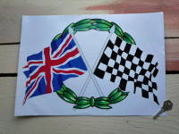 Crossed Union Jack & Chequered Flag with Garland Sticker. 15".