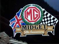 MG Midget 50th Anniversary Flag & Scroll Sticker. 3.75".