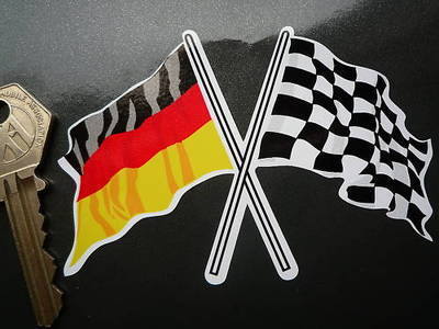 Crossed German & Chequered Flag Sticker. 4".