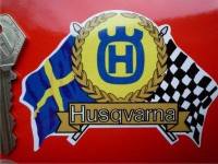 Husqvarna Flag & Scroll Sticker. 4".