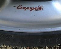 Campagnolo Script Wheel Stickers Set of 5. Red & Clear. 2.5