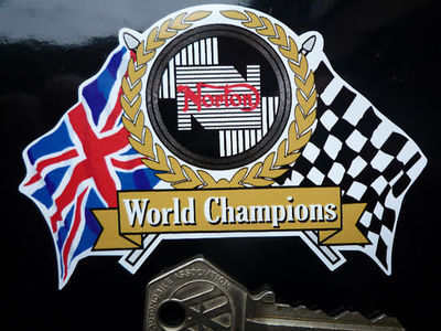 Norton World Champions Flag & Scroll Sticker. 4".