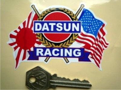 Datsun Racing Flag & Scroll USA & Japan Sticker. 4".