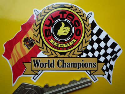 Bultaco World Champions Flag & Scroll Sticker. 4".